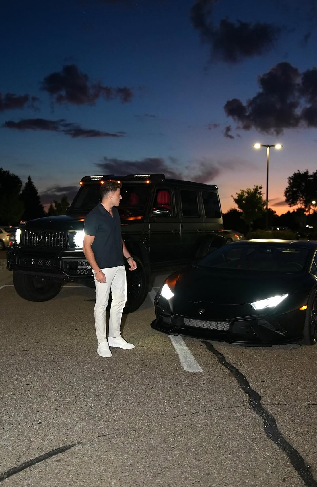 Fareed — G-Wagon and Lamborghini at sunset, luxury fleet