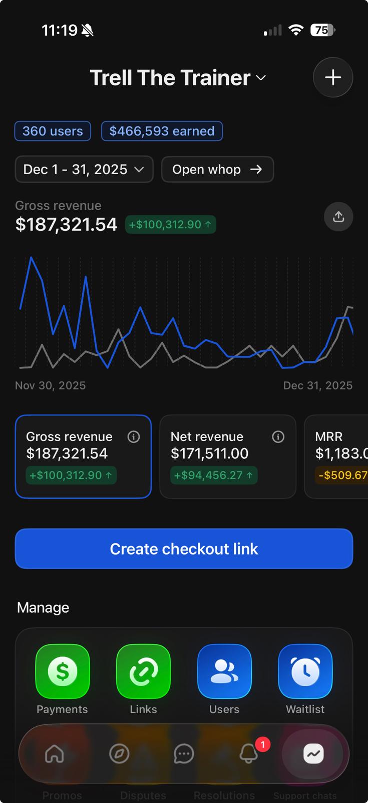 Whop dashboard — Dec 2025 full month, $187,321.54, +$100,312.90 growth, 360 users